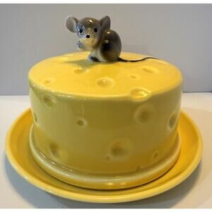 Vintage Lefton Style Covered Cheese Dish Gray Mouse Handle Yellow Lid MCM Kitsch